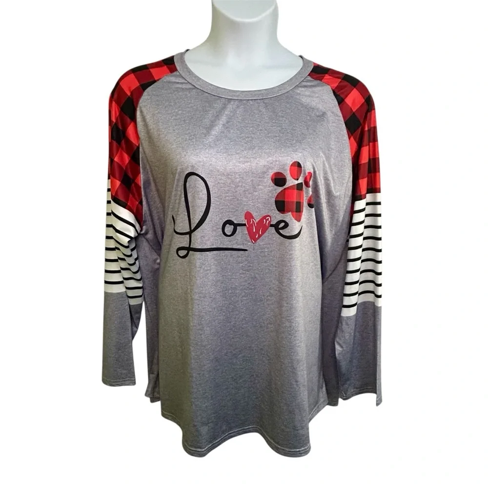 Love Shirt Heart Paw Long Sleeve Checkered Stripes Gray Red Black Pets Sz 4XL - Picture 1 of 4